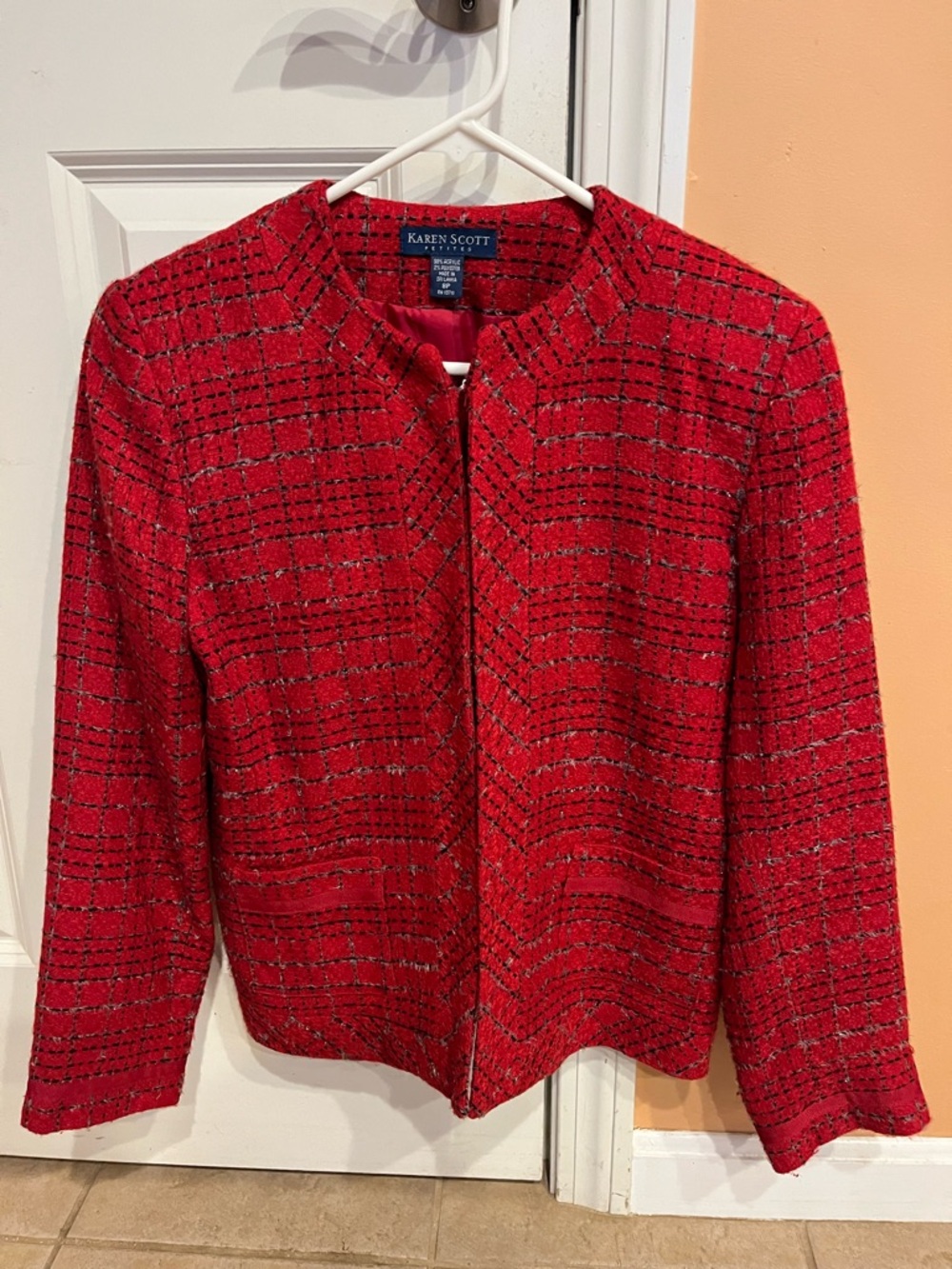 Karen Scott Red Tweed Collarless Blazer